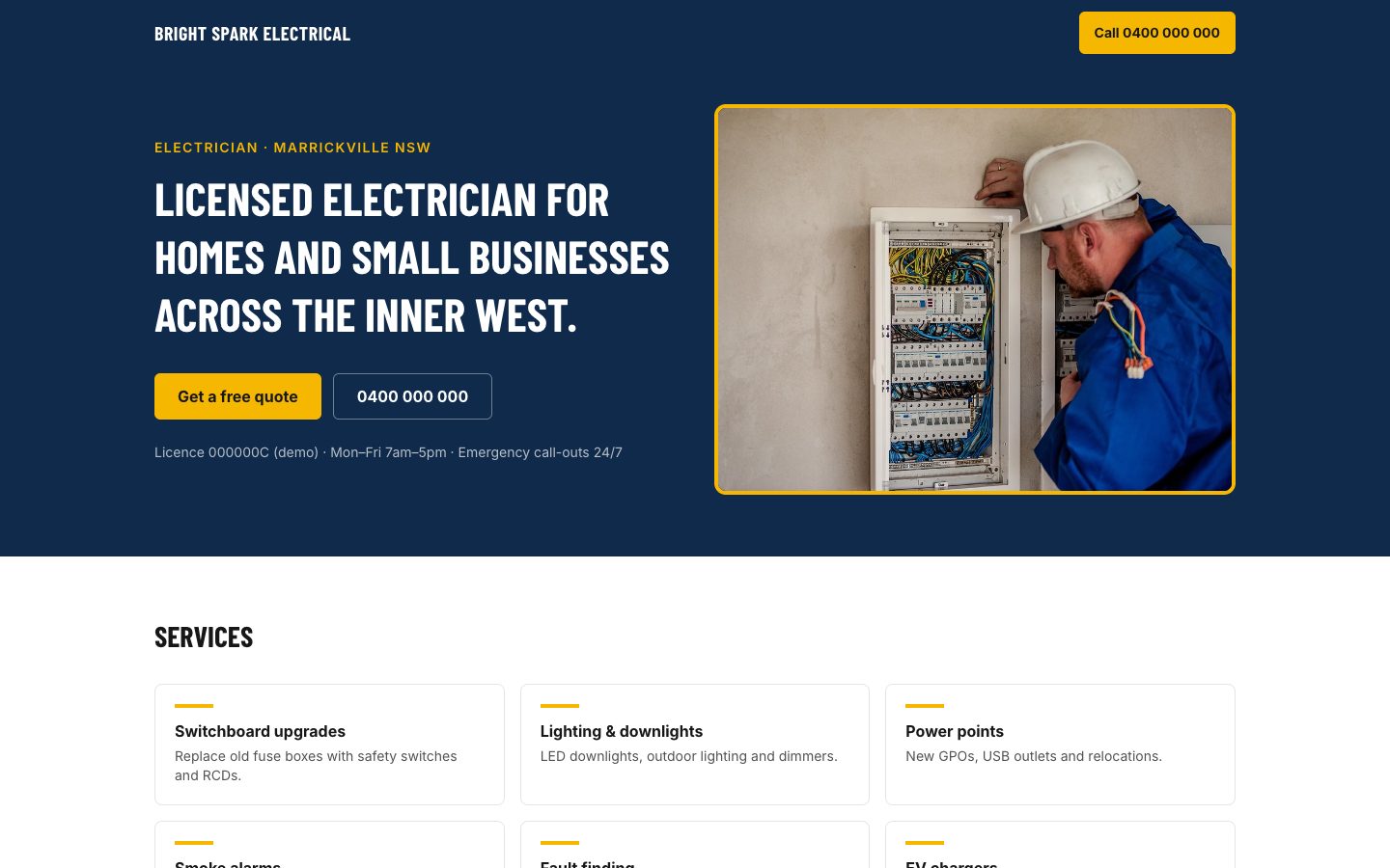 Bright Spark Electrical website on a computer