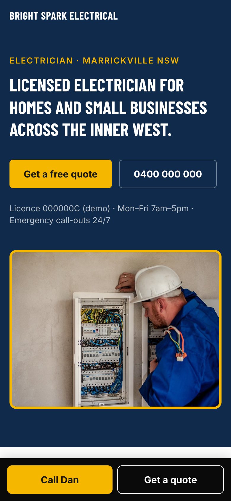 Bright Spark Electrical website on a phone